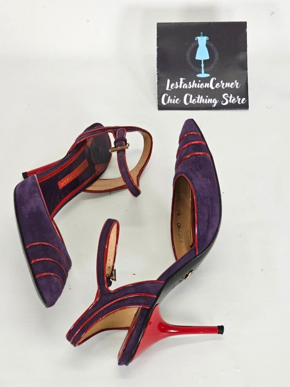 Giorgio Armani Women's Purple/Red Suede Stiletto Heels Ankle Strap Size 7 101 - Picture 15 of 16